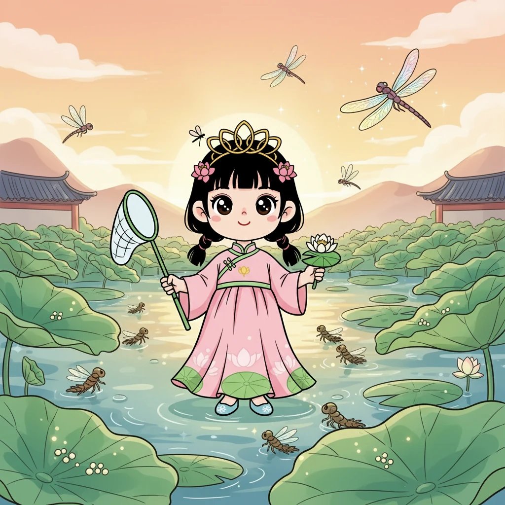 一只美丽的蜻蜓妈妈在荷塘边产下了卵,卵孵化成了小蜻蜓。小蜻蜓在水中生活,慢慢地,它们长出了翅膀。然后它们飞了起来,开始了全新的生活。