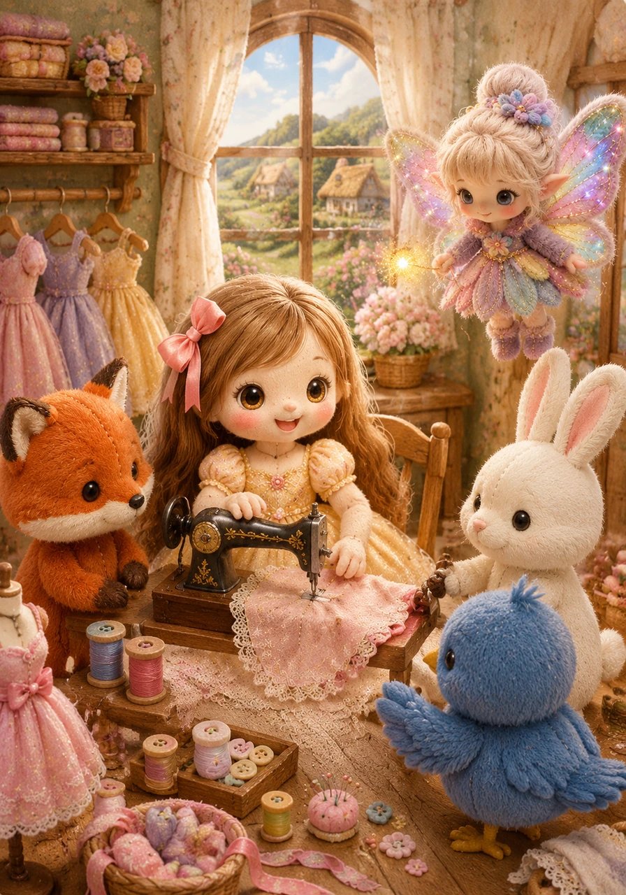 In a small village nestled among hills of blooming flowers, an eight-year-old tailor named Lila spends her days sewing beautiful dresses. With a pink ribbon in her brown hair and eyes that shine like stars, she happily sings as she creates garments that seem to tell wonderful stories.