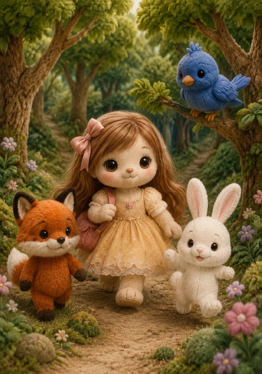 Determined to fix the colorful world she inadvertently changed, Lila packs her bag and sets off toward the Enchanted Forest. Along the path, she is joined by three cheerful companions who offer to help: a little red fox, a fluffy white rabbit, and a bright blue bird.