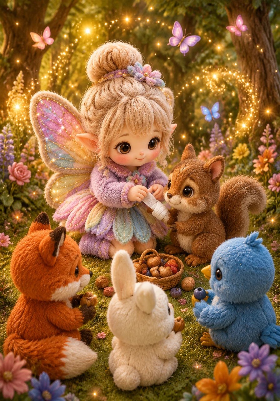 Lila understands her mistake and immediately shows kindness by bandaging the hurt paw of a little squirrel and sharing her snacks with her hungry friends. As she cares for others, golden sparks burst into the air, and vibrant colors begin flowing back into the forest plants and butterflies.