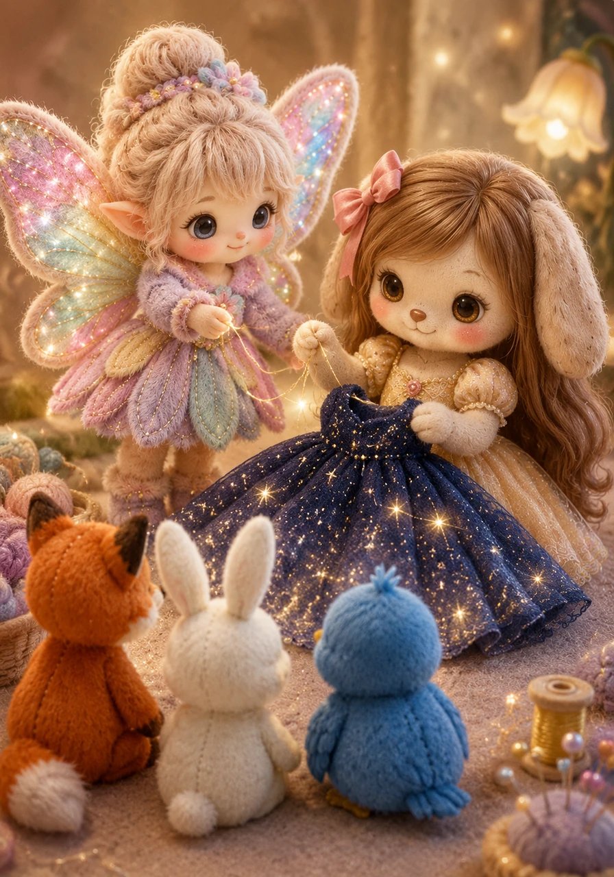 With a warm smile, the fairy hands the golden thread back to Lila to let her try one more time. This time, Lila sews with immense patience, deep gratitude, and true love, creating a beautiful new dress that softly glows like a midnight sky full of twinkling stars.