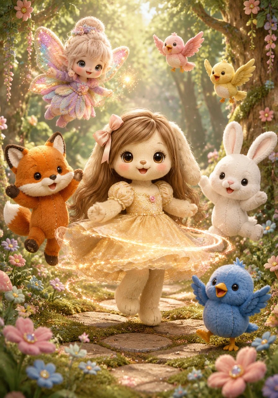 The magical new dress suddenly begins to spin and dance all on its own, swirling around a laughing Lila. Her animal friends leap and cheer around her as the forest fills with pure joy and the delightful sound of birds singing once again.