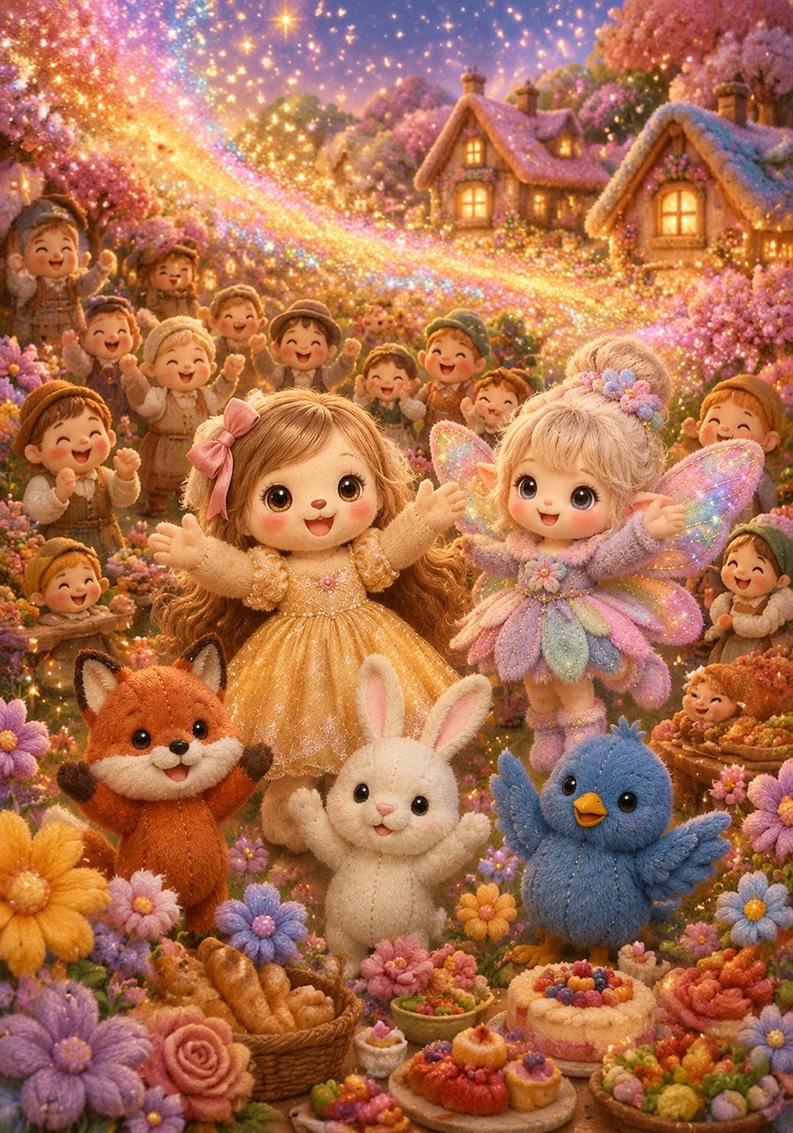 At that exact moment, the wave of vibrant color rushes back into Lila's home village, making the gardens bloom and bringing bright smiles back to the residents. A gentle rain of sparkling stardust falls over the houses as the happy villagers prepare a grand feast to celebrate the return of their colorful world.