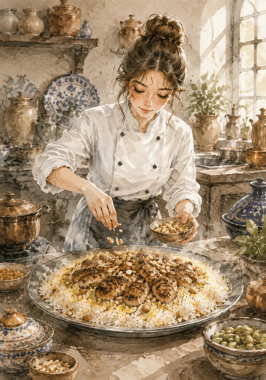 في قسم الأطباق الرئيسية، تُعد ليلى طبقاً من الأرز الشرقي المزين بالمكسرات الذهبية وقطع اللحم المشوية بإتقان، مع إضاءة طبيعية تبرز لمعان الطعام وتفاصيله الشهية.