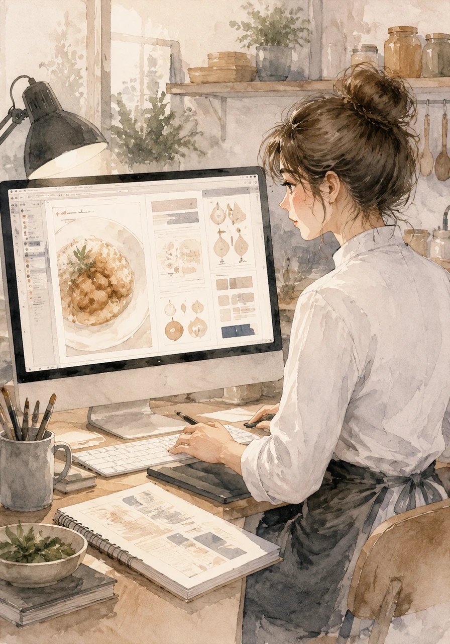 تجلس ليلى أمام شاشتها لتصميم صفحات الكتاب الرقمي والمطبوع، منسقةً المكونات وطريقة التحضير بخطوط عربية حديثة وأنيقة، مع إضافة أيقونات بسيطة توضح وقت التحضير وعدد الحصص.