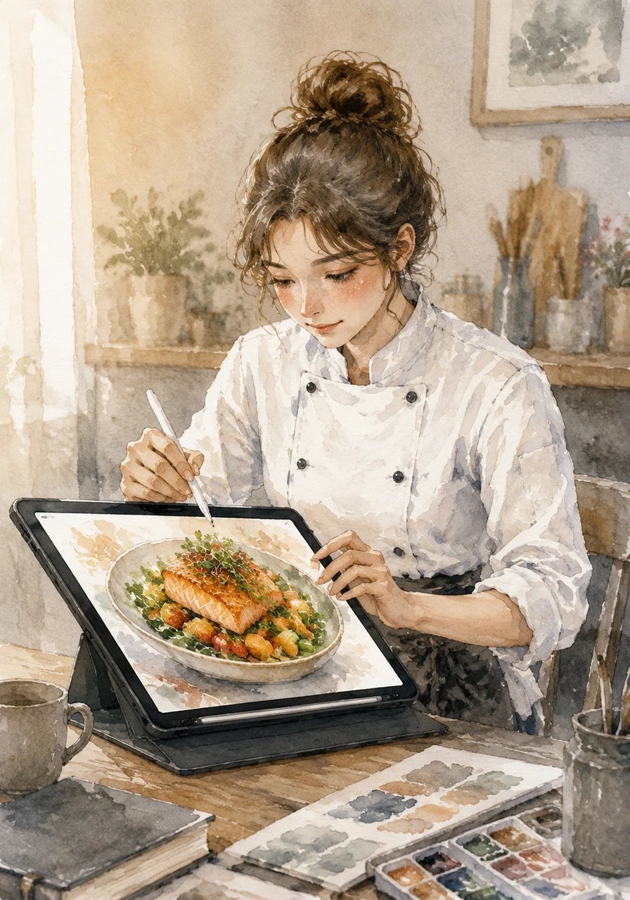 تصمم ليلى غلاف الكتاب الأمامي الجذاب، واضعةً صورة لطبقها الرئيسي المميز تحت عنوان بارز وراقٍ يحمل اسم "كتاب وصفات عصري"، ليكون جاهزاً للطباعة والنشر الرقمي.