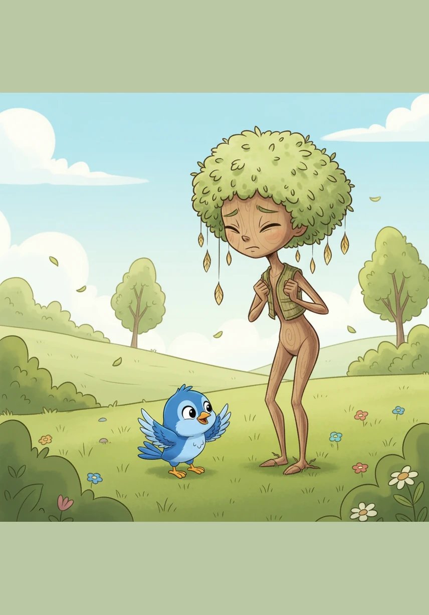 As a gentle breeze tickled the meadow, Willow stiffened her spine and clenched her leaves shut until they were tiny green fists. Pip chirped in surprise, feeling the tension in the wood beneath his little feet, and looked down at his nervous friend with kind eyes.