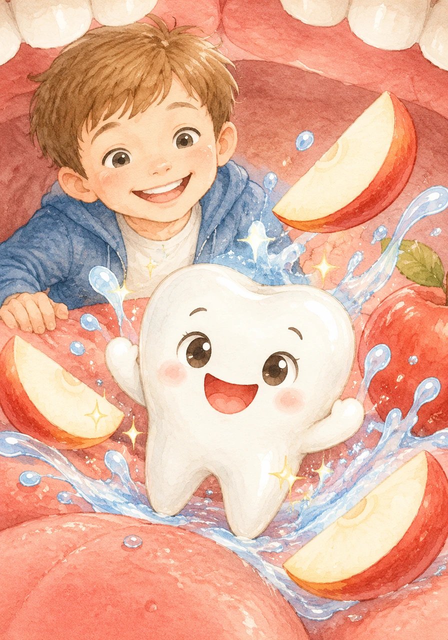 Dans la jolie bouche du petit Léo vit Cali, une petite dent brillante et très fière de son manteau blanc bien propre. Chaque jour, Cali adore croquer des pommes croquantes et boire de l'eau fraîche pour rester fort et joyeux.