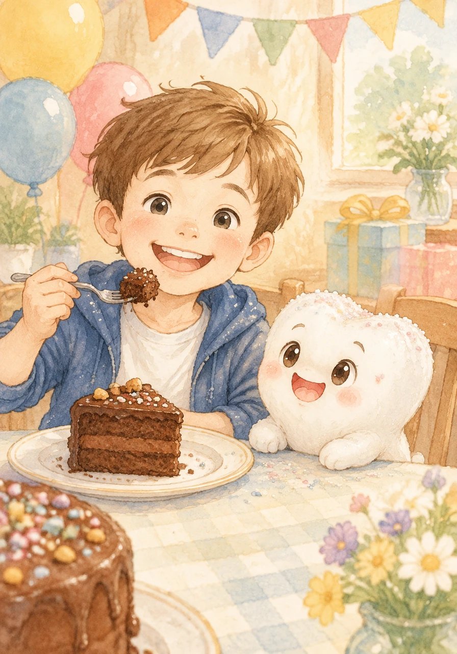 Un après-midi d'anniversaire, Léo déguste une délicieuse part de gâteau au chocolat bien sucré. C'est un vrai régal, mais de tout petits morceaux de sucre restent collés confortablement sur le manteau blanc de Cali.