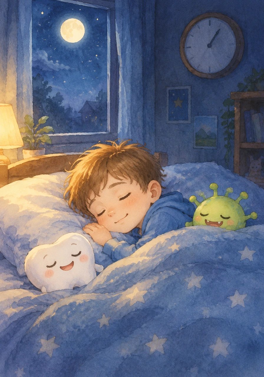 Le soir venu, Léo est très fatigué après sa journée de jeu et s'endort sans se brosser les dents. Dans le calme de la chambre, l'horloge fait tic-tac, tic-tac, et les heures s'écoulent doucement durant la nuit.