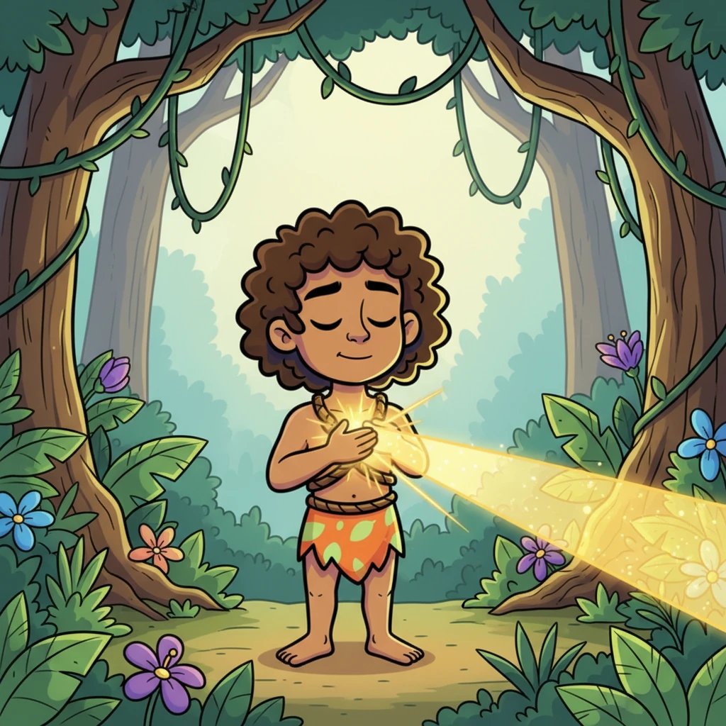 Com os olhos fechados e uma mão sobre o peito, Leo sente uma forte luz dourada emanando de seu coração, apontando para longe. Ele se entrega à intuição, como Tarzan, e ouve seu coração dizer um nome especial.