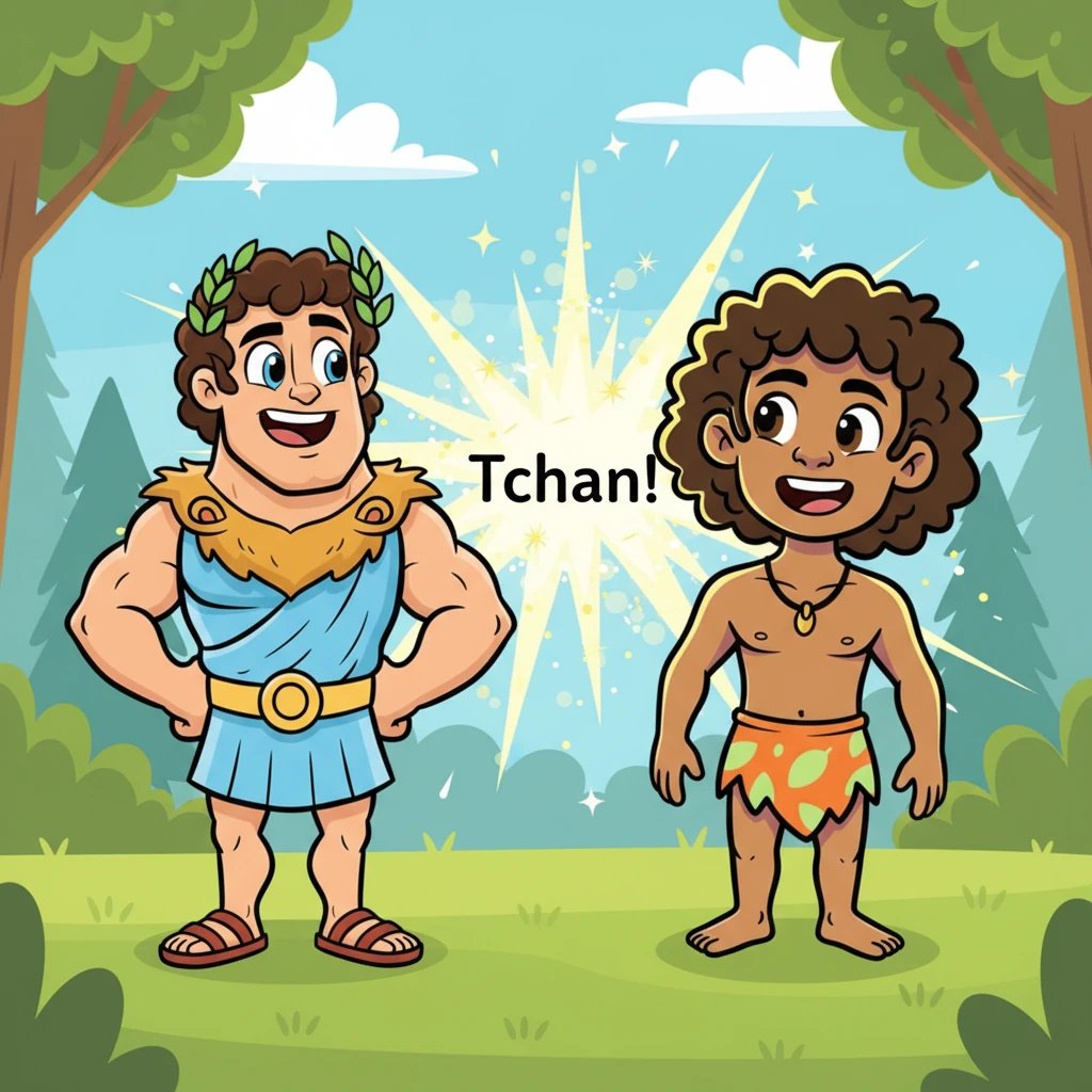 Leo e Maya se olham, os olhos arregalados de surpresa e alegria. Um 'Tchan' visual, como um clarão cintilante, aparece entre eles, simbolizando o clique instantâneo que fez a busca de Leo terminar.