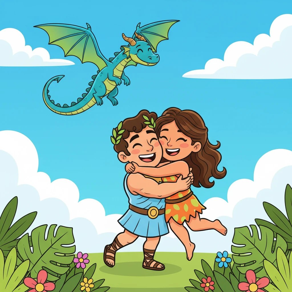 Leo abraça Maya com uma expressão de pura felicidade e surpresa, como se tivesse encontrado a peça que faltava em seu quebra-cabeça. Um dragão estilizado e amigável, com asas grandes e um sorriso, voa alegremente no céu ao fundo.