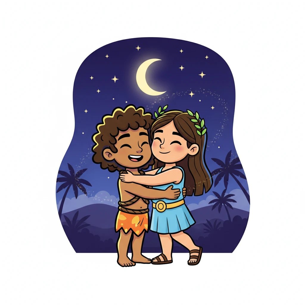 Leo e Maya compartilham um abraço suave, com estrelas cintilantes e uma lua crescente no fundo. A cena irradia uma sensação de pertencimento eterno, como se seus destinos estivessem entrelaçados para sempre.