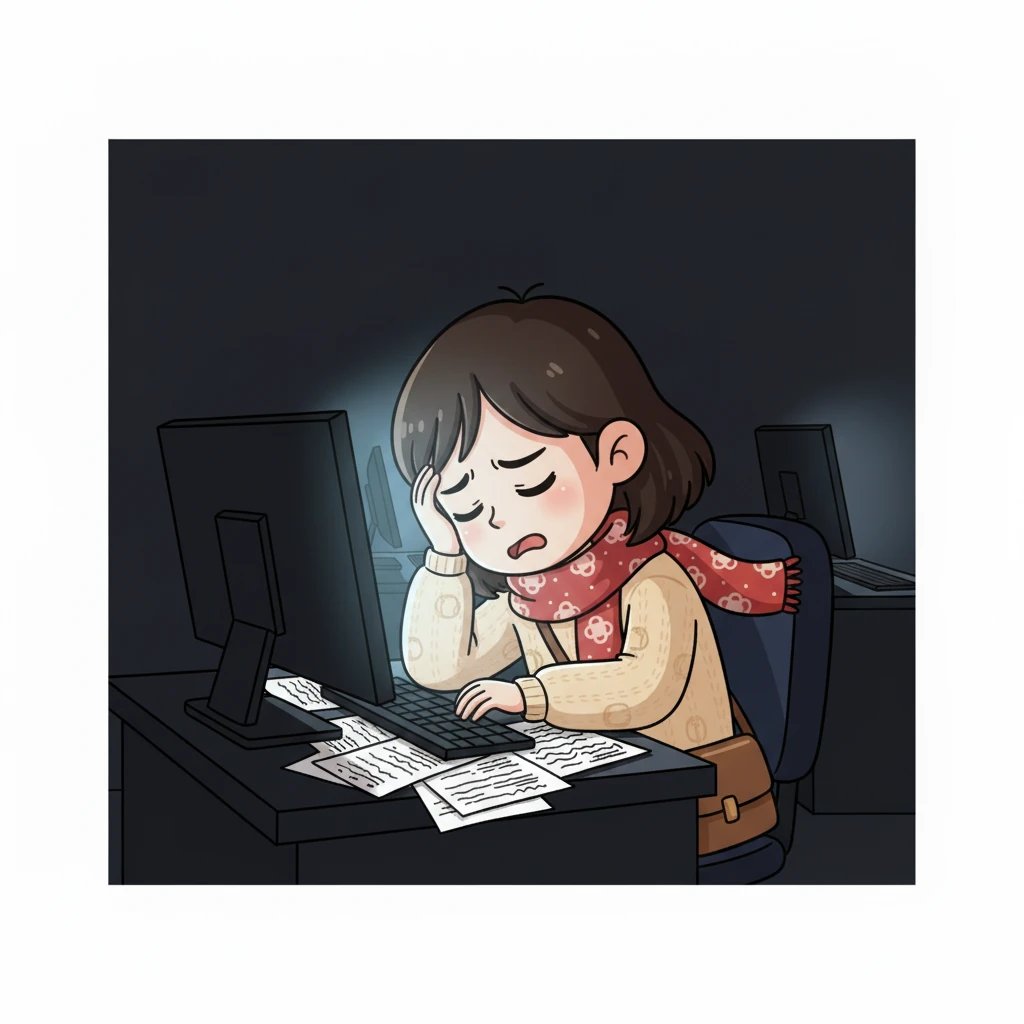 她小声嘀咕着,声音里带着一丝沮丧,“怎么还是不行……明天就要交了。” 她揉了揉太阳穴,显得非常疲惫。