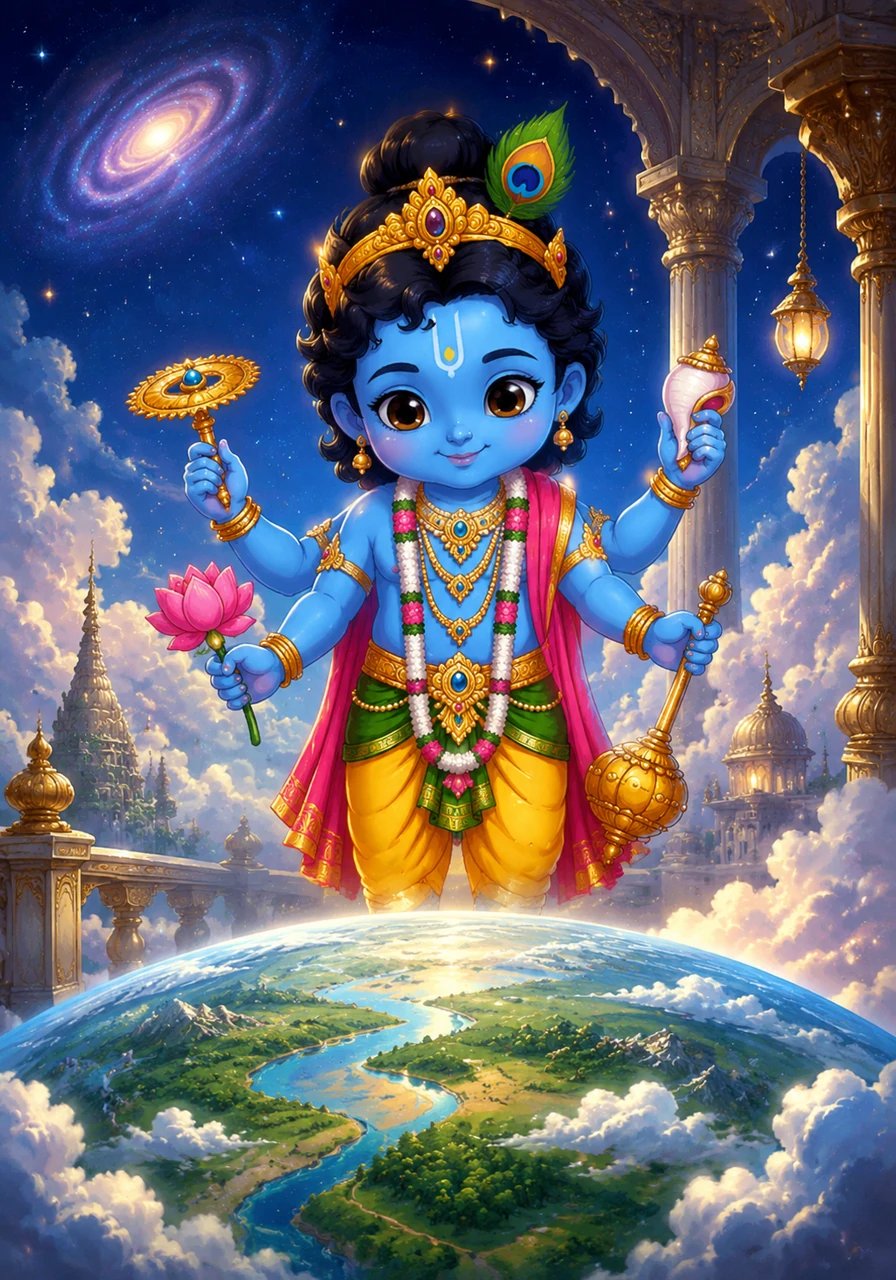 A bright blue child named Vishnu, with four arms and sparkling eyes, smiles gently as he watches the world from his celestial home.