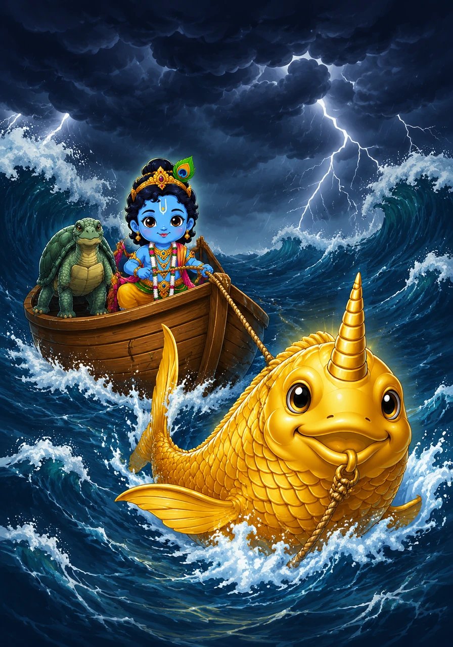 A massive, golden horned fish named Matsya guides a small boat through a wild, dark storm on the endless ocean.