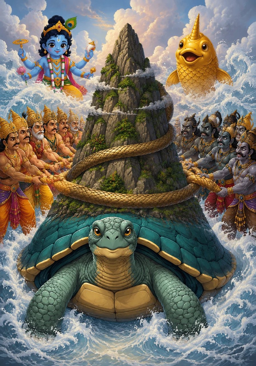 A grand tortoise named Kurma swims through the milky sea, steadying a mighty mountain on his shell while many figures churn the waters.