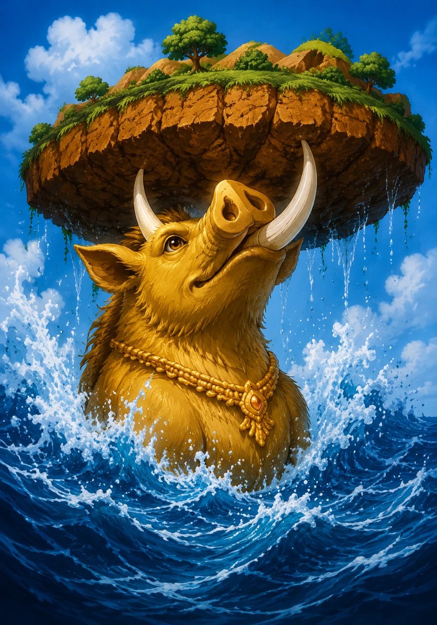 A powerful wild boar named Varaha uses his strong tusks to lift the brown earth gently from the deep, wavy water.