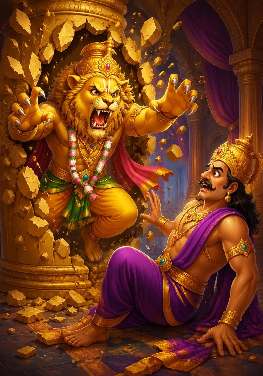 The ferocious man-lion Narasimha bursts out from a golden pillar with a loud roar, scaring the mean king Hiranyakashipu.