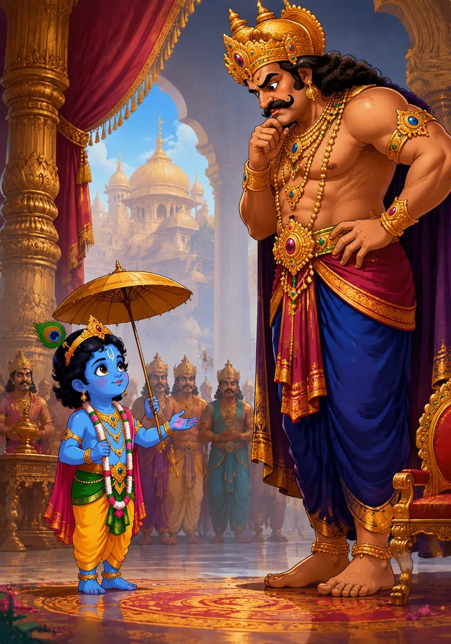 A clever little boy named Vamana holds an umbrella and asks a giant, powerful king for just three small steps of land.