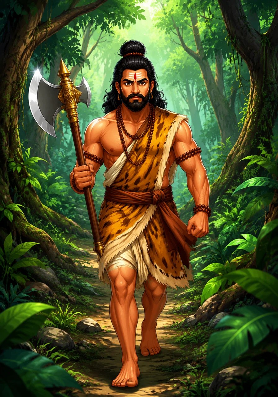 The warrior Parashurama, wearing simple forest clothes and carrying a shining axe, walks bravely through the dense green jungle.
