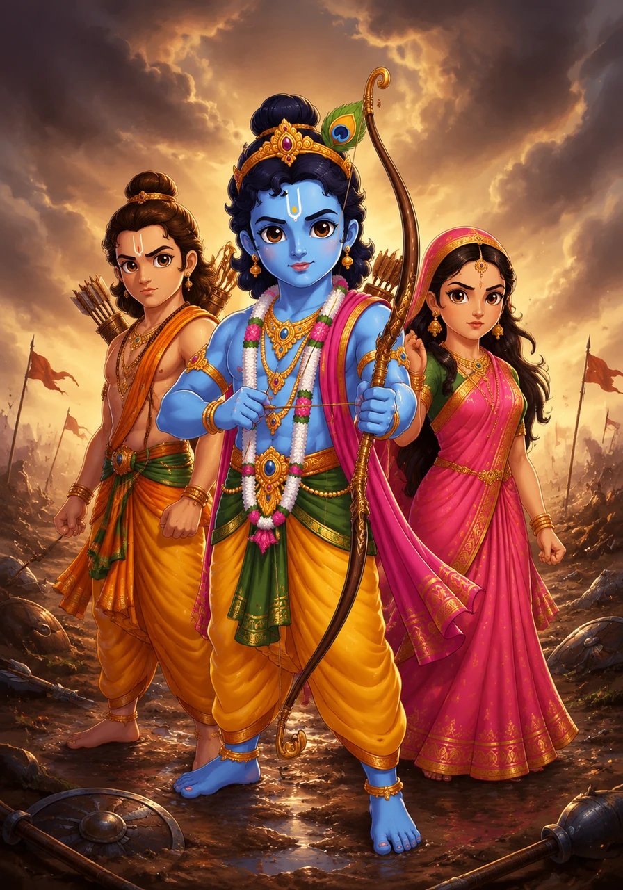 A noble prince named Rama, with a curved bow, stands straight beside his brave wife and his brother on the muddy battlefield.