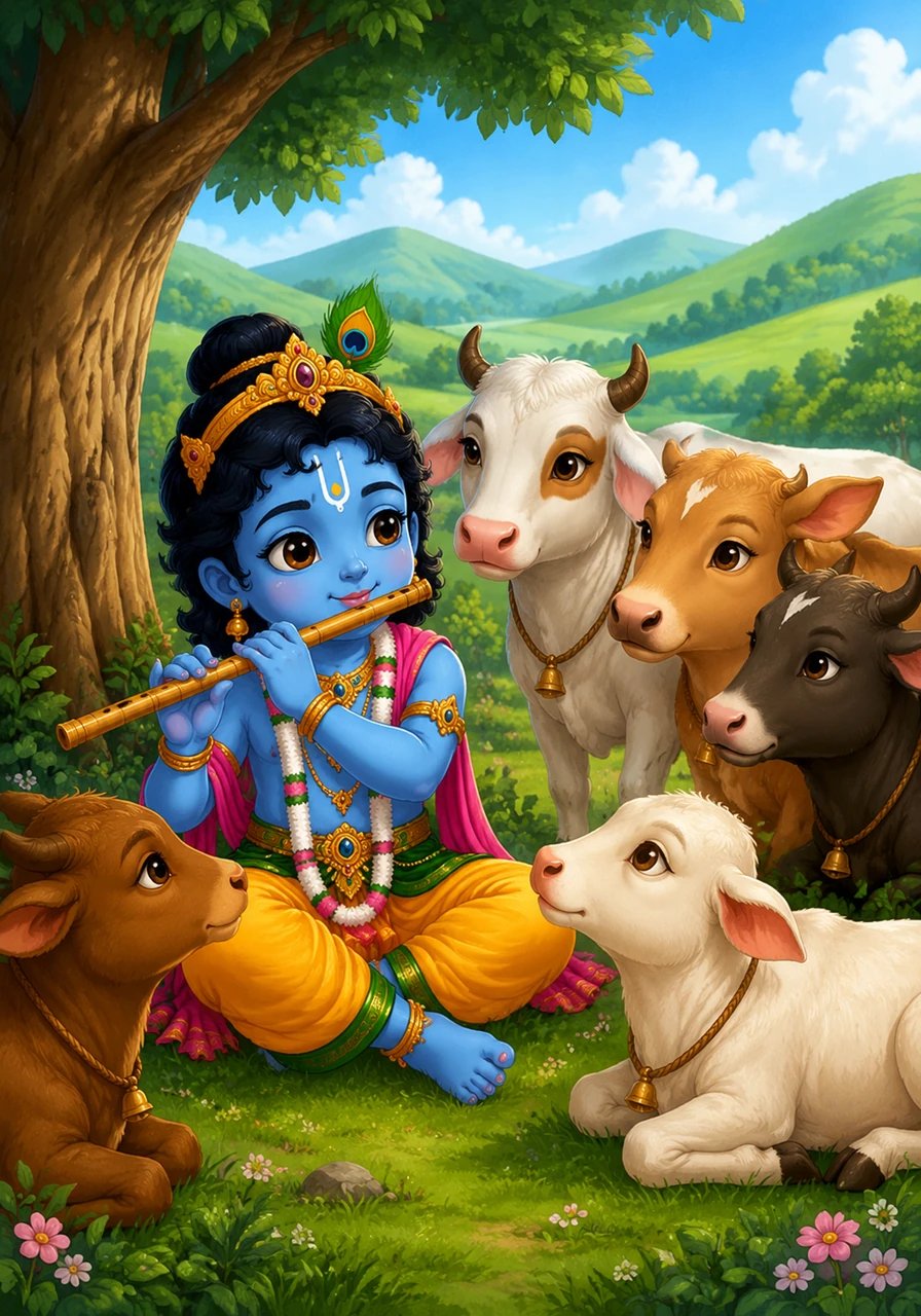 The cheerful dark-skinned cowherd Krishna sits and plays a sweet, soft melody on a bamboo flute, while happy cows listen.
