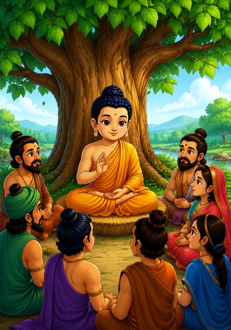 A calm teacher, the Buddha, with a soft smile and gentle eyes, sits under a big green tree and teaches kind people.