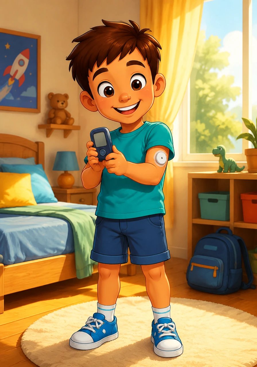 Léo est un petit garçon pétillant de sept ans qui vit de belles aventures chaque jour. Ce matin, dans sa chambre ensoleillée, son petit capteur de glucose colle sur son bras comme un badge de super-héros. Il commence sa journée avec le sourire en vérifiant son niveau de sucre sur son lecteur coloré.