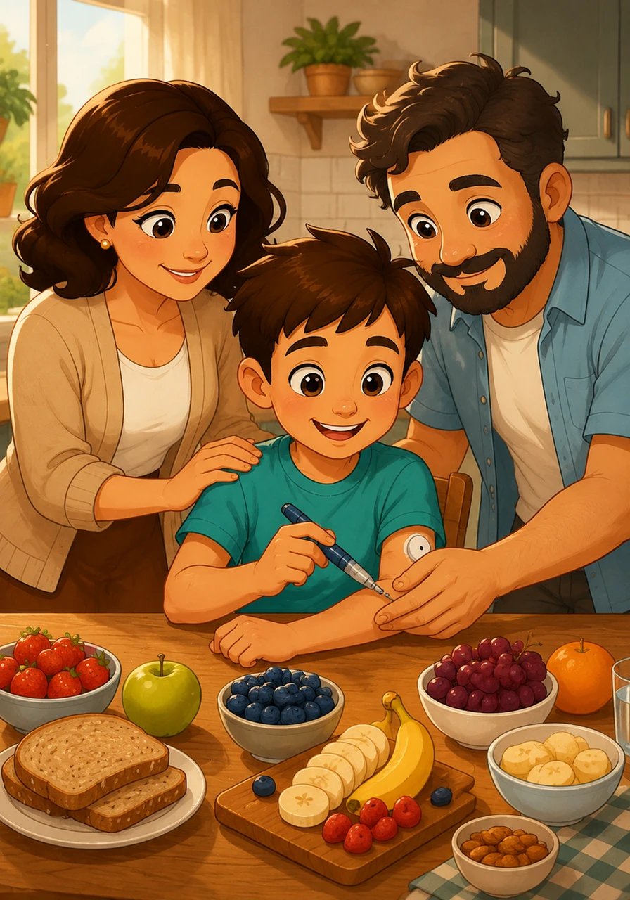 Dans la cuisine, maman et papa préparent un petit-déjeuner équilibré avec de délicieux fruits frais et du pain complet. Léo compte soigneusement les glucides de son repas avant d'ajuster son insuline avec l'aide de ses parents. Tout devient un jeu d'équipe rempli de tendresse et d'encouragements.