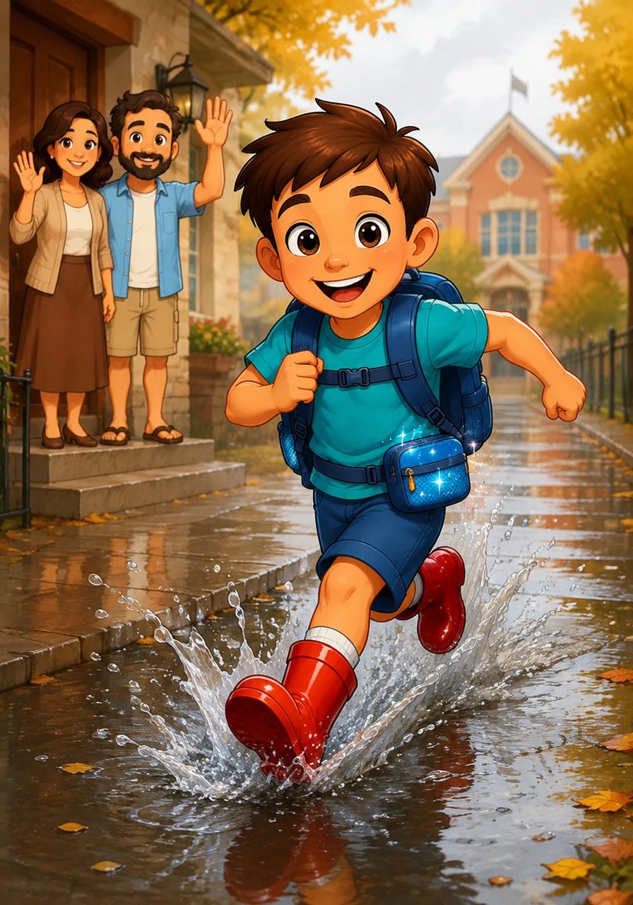 C'est l'heure de partir à l'école avec son cartable sur le dos et sa pochette magique spéciale contenant ses collations et son matériel. En chemin, Léo saute dans les flaques d'eau avec joie, impatient de retrouver tous ses camarades de classe.