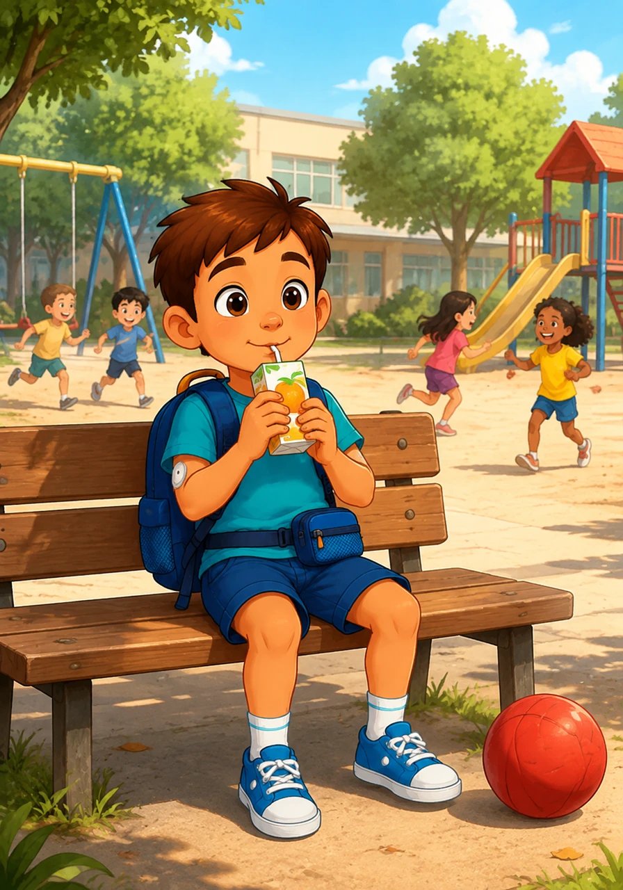 Pendant la récréation, Léo joue joyeusement au ballon dans la cour avec ses copains. Soudain, il ressent une petite fatigue et écoute attentivement les signaux de son corps. Il prend une pause bien méritée sur un banc pour savourer un jus de fruit avant de retourner courir.