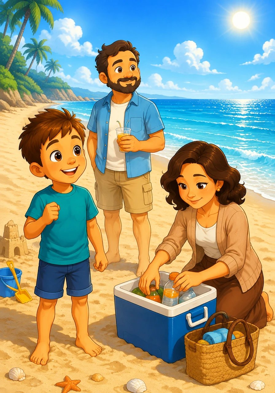 Le week-end arrivé, la famille s'en va faire une merveilleuse escapade au bord de la mer. Léo admire la vaste plage de sable fin et les vagues scintillantes sous le grand soleil d'été. Sa maman prépare la glacière avec soin pour garder ses boissons et ses fournitures au frais.