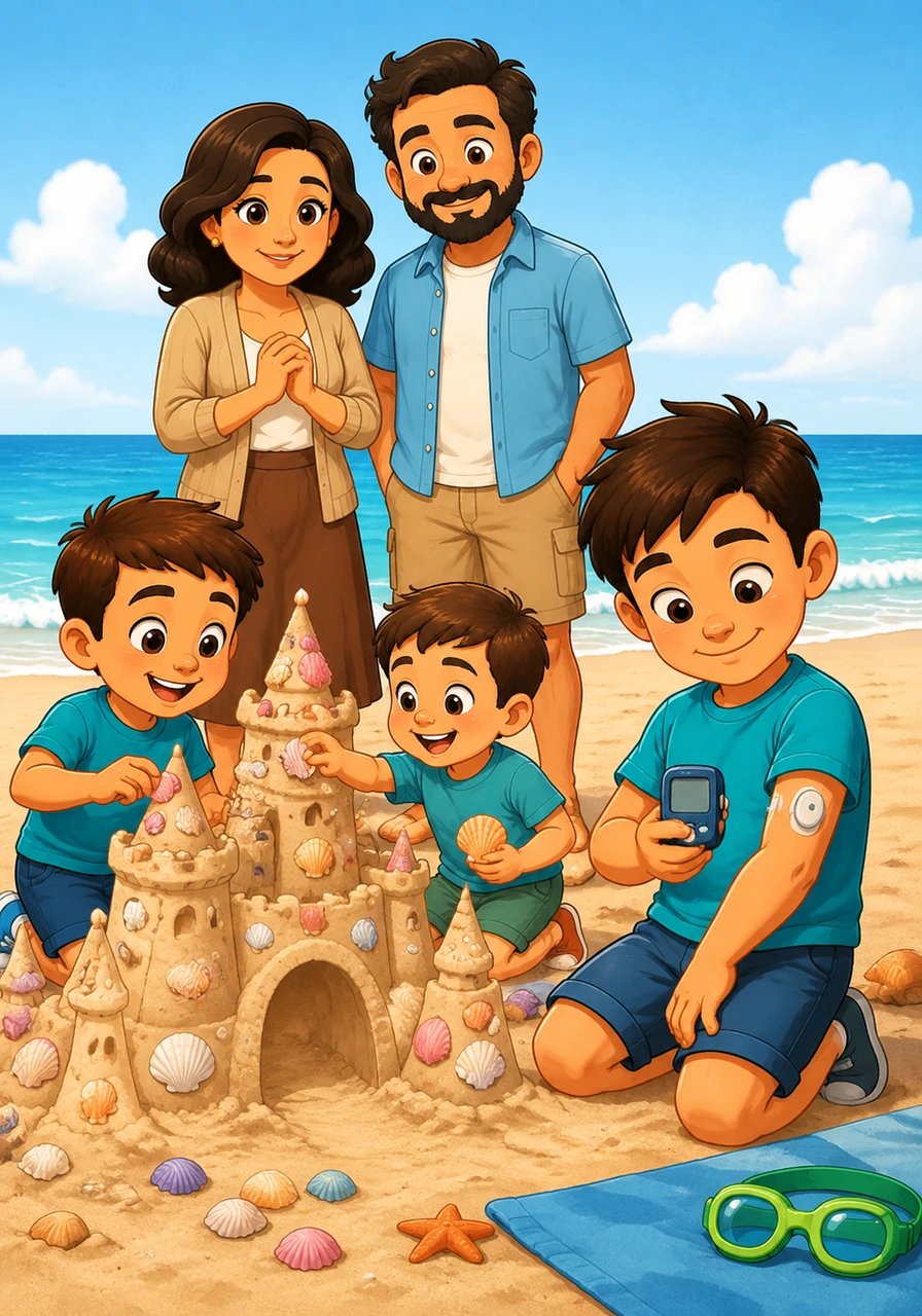 Sur le sable, Léo et son petit frère construisent un immense château orné de coquillages colorés. Il vérifie son niveau de sucre sur son appareil pour s'assurer que tout est parfait avant d'aller se baigner.