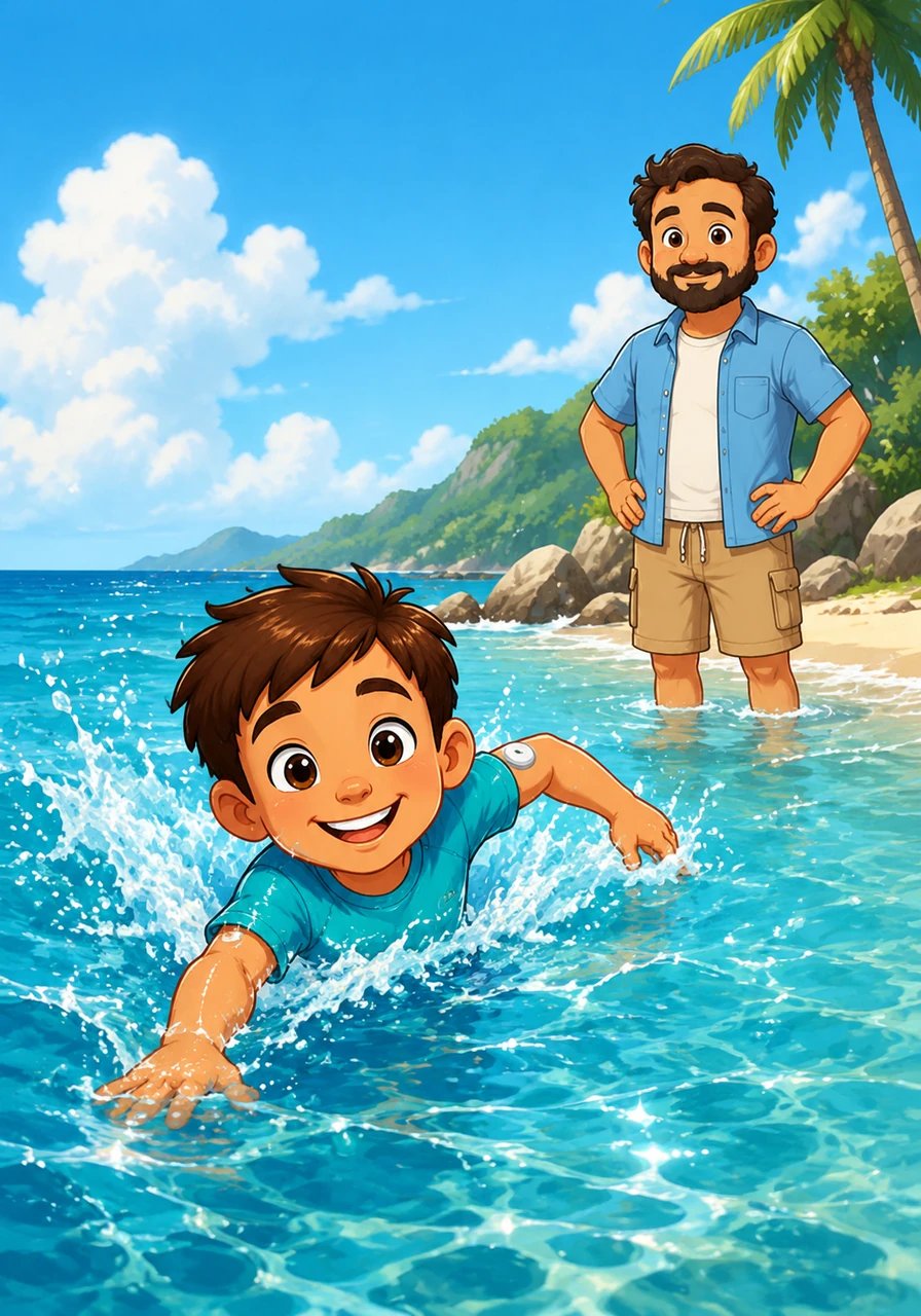 Léo plonge joyeusement dans les vagues rafraîchissantes, sous le regard attentif et rassurant de son papa. Il nage avec bonheur, se sentant libre et plein d'énergie au milieu de l'eau claire.