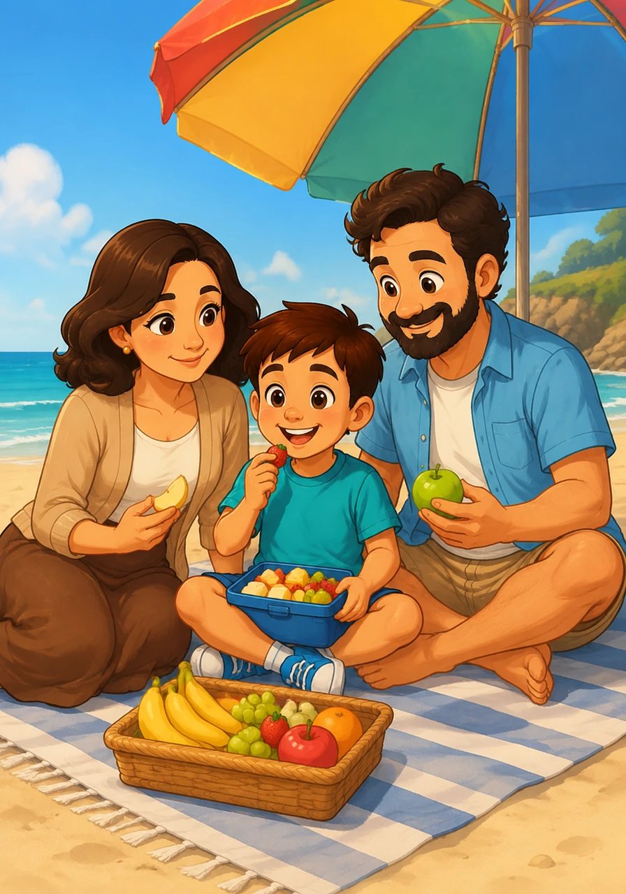Après la baignade, assis sous le parasol coloré, la famille partage un goûter gourmand et équilibré. Léo sait exactement comment prendre soin de lui tout en profitant pleinement de chaque moment magique de la journée.