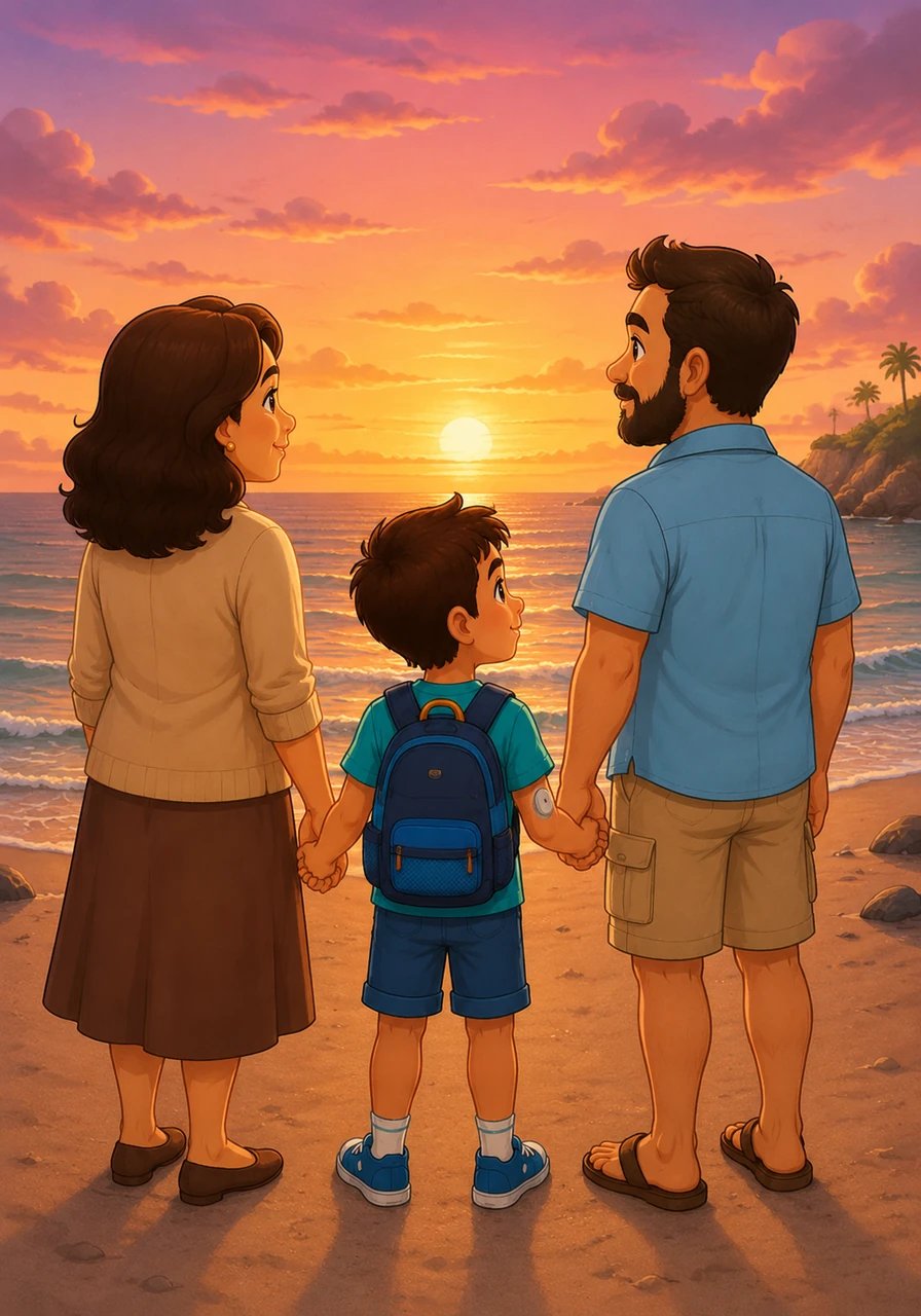 Le soir tombe doucement sur la plage, teintant le ciel de magnifiques nuances dorées et rosées. Léo contemple l'horizon en tenant la main de ses parents, sachant avec certitude que son diabète ne l'empêchera jamais de vivre toutes ses passions.