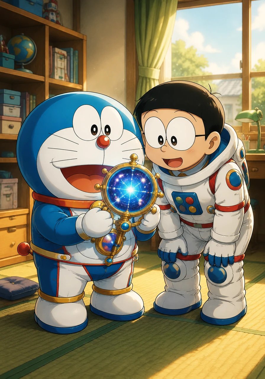 在宁静的午后,哆啦A梦从四次元口袋里拿出了一副闪闪发光的‘星际导航仪’。大雄好奇地凑过来,看着上面跳动的光点,他们决定去寻找传说中能实现愿望的‘星之铃’。