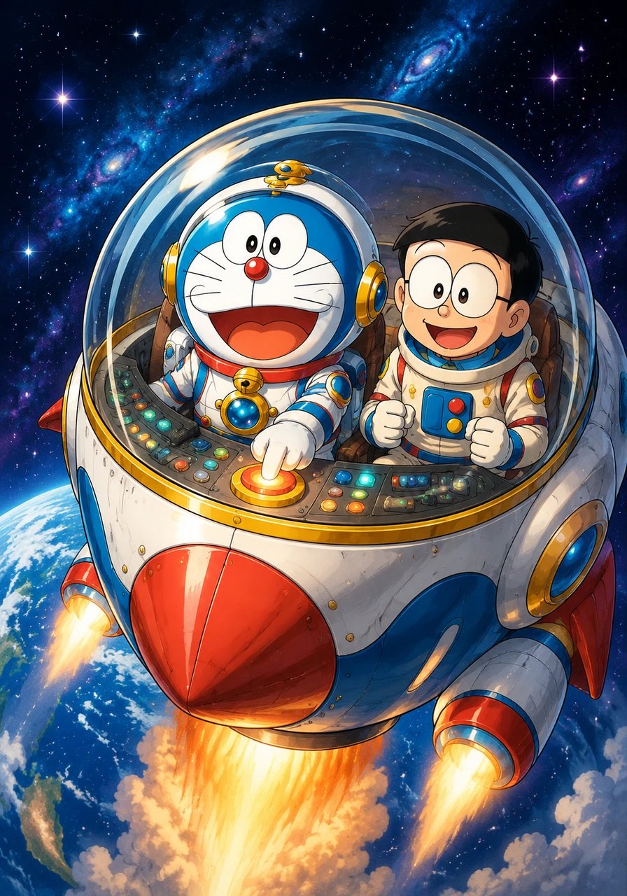 他们换上了圆滚滚的‘太空漫步套装’,坐进了色彩斑斓的‘任意飞船’。随着哆啦A梦按下启动按钮,飞船腾空而起,瞬间穿过了大气层,将熟悉的地球抛在身后,飞向神秘的宇宙。
