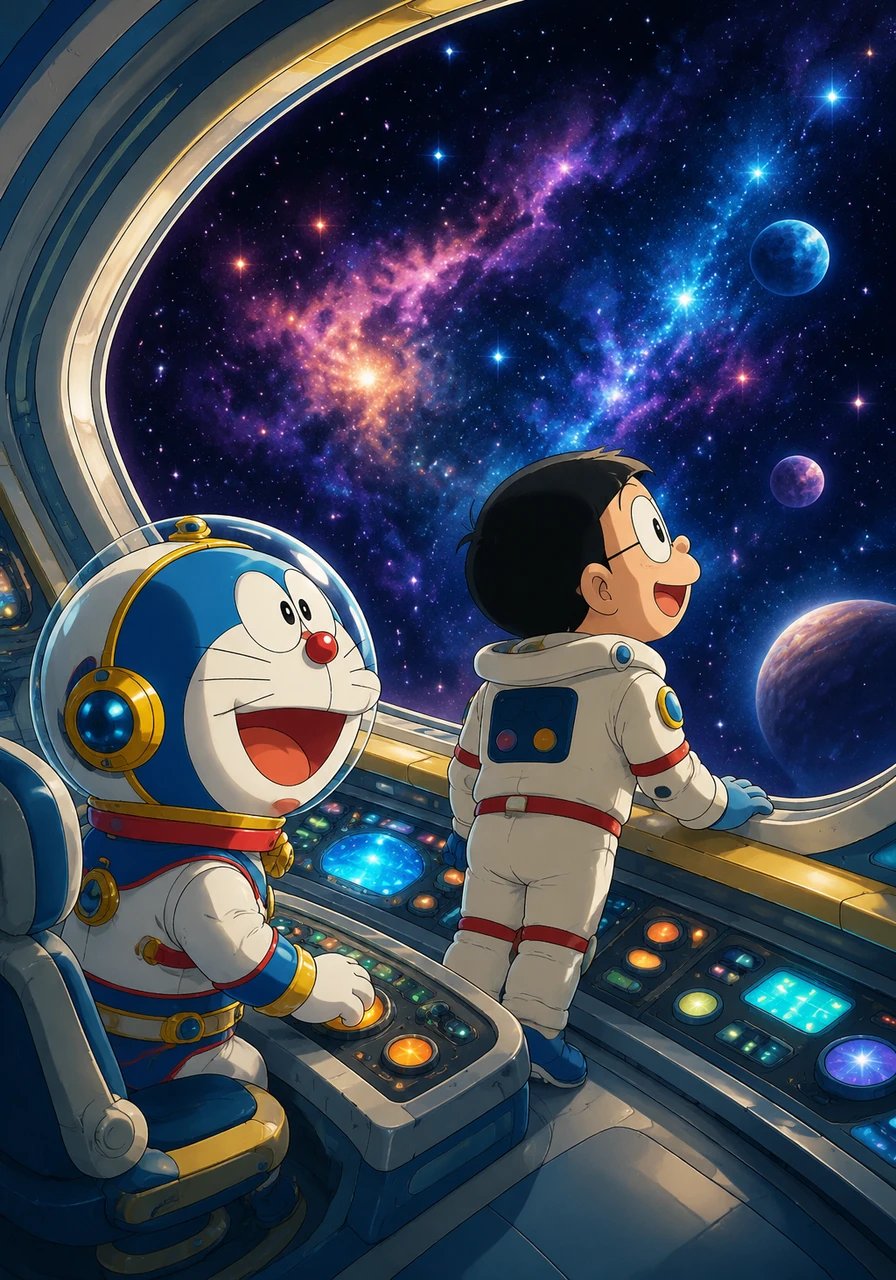 飞船平稳地穿梭在浩瀚的星空中,周围是无数闪烁的星星和五彩斑斓的星云。大雄趴在舷窗前,惊奇地看着窗外的奇景,而哆啦A梦则在仪表盘前熟练地操作着。