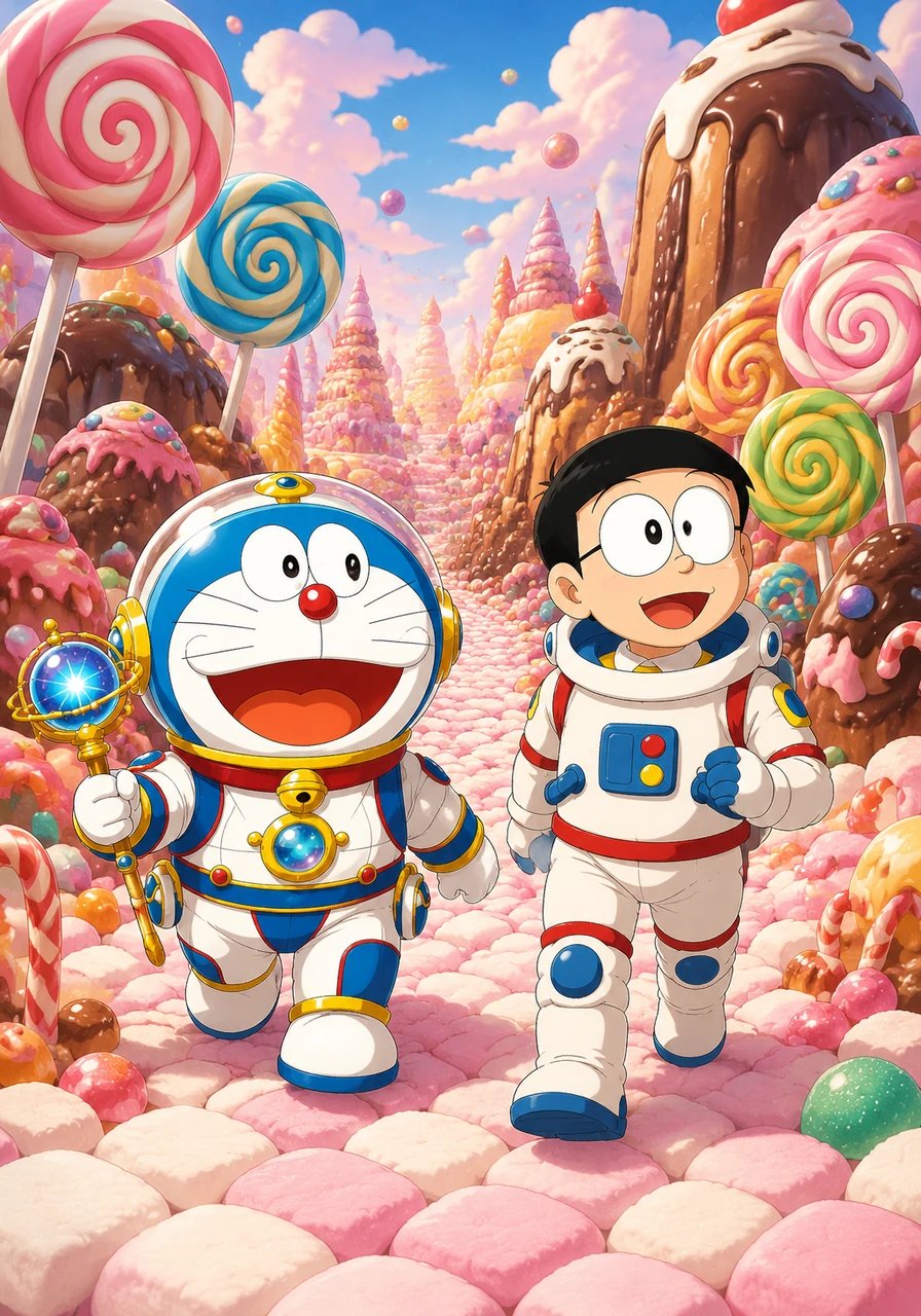 他们的第一站是‘糖果星球’。这里到处都是五颜六色的巨大棒棒糖和巧克力山,空气中弥漫着香甜的气味。大雄和哆啦A梦开心地走在由棉花糖铺成的小路上,几乎忘了寻找星之铃的任务。