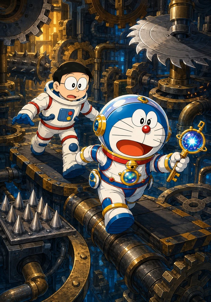 接着,导航仪把他们带到了‘机械迷宫星球’。这里到处都是旋转的齿轮和复杂的金属管道。为了找到出路,哆啦A梦拿出了‘万能钥匙’,大雄则小心翼翼地避开各种机关,两人紧密配合。