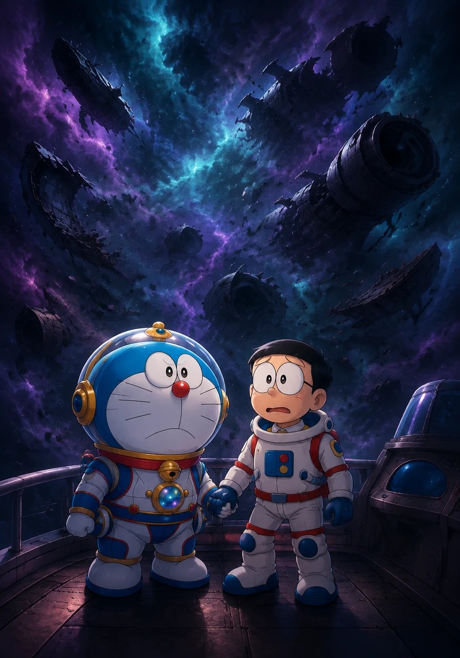 他们终于来到了星之铃所在的‘幽灵星云’。这里充满了迷雾,许多由于贪婪而迷失的飞船残骸漂浮在四周。大雄感到有些害怕,但哆啦A梦紧紧握住他的手,给他带来了勇气。