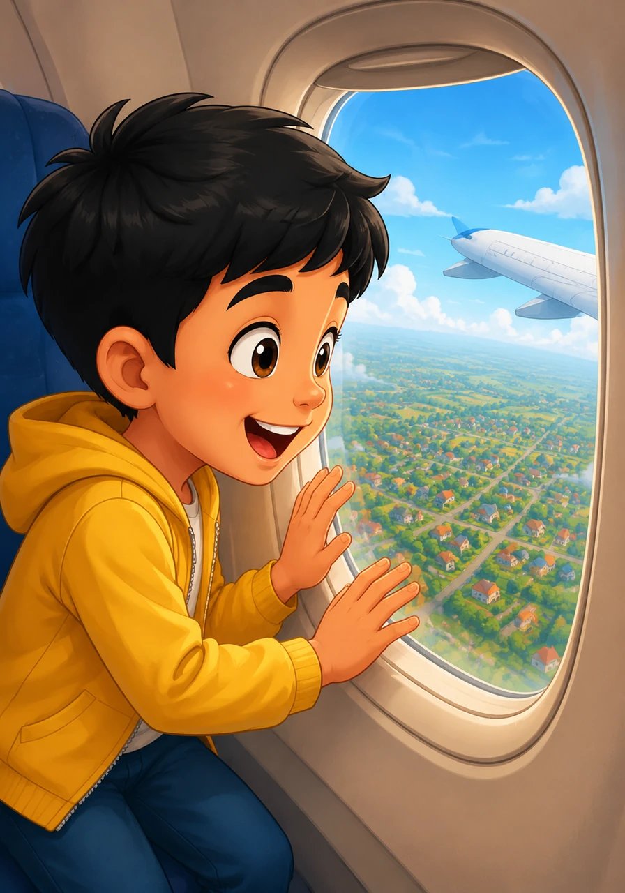 विमान के उड़ते ही ज़मीन पर मौजूद घर और पेड़ नन्हे खिलौनों की तरह दिखने लगे, जिसे देखकर आर्यन की खुशी का ठिकाना नहीं रहा। उसने खिड़की से चिपककर नीचे तेज़ी से पीछे छूटती दुनिया को आश्चर्य से देखा।