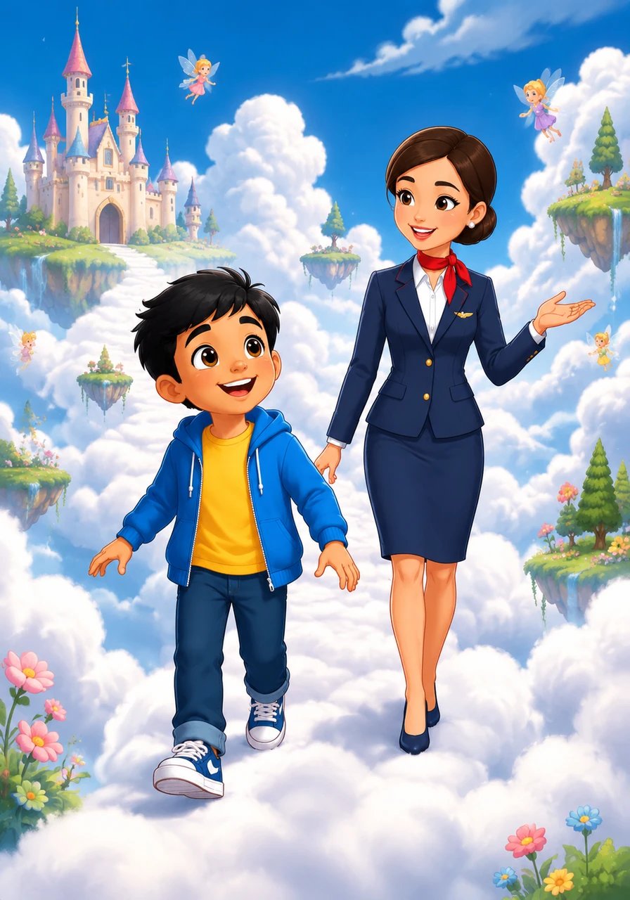 बादलों की सफेद और मुलायम चादर के बीच से गुज़रते हुए आर्यन को ऐसा लगा जैसे वह किसी जादुई परियों के देश में पहुँच गया हो। चारों तरफ रुई जैसे बादल तैर रहे थे और आसमान बिल्कुल साफ और गहरा नीला था।