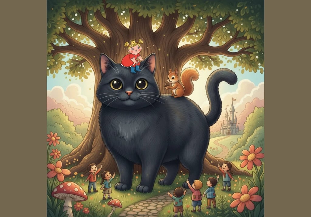 Under a big oak tree, Pippa finds a new friend waiting for her. It is a very big, very fluffy black cat with eyes as bright as lemon drops and a frien