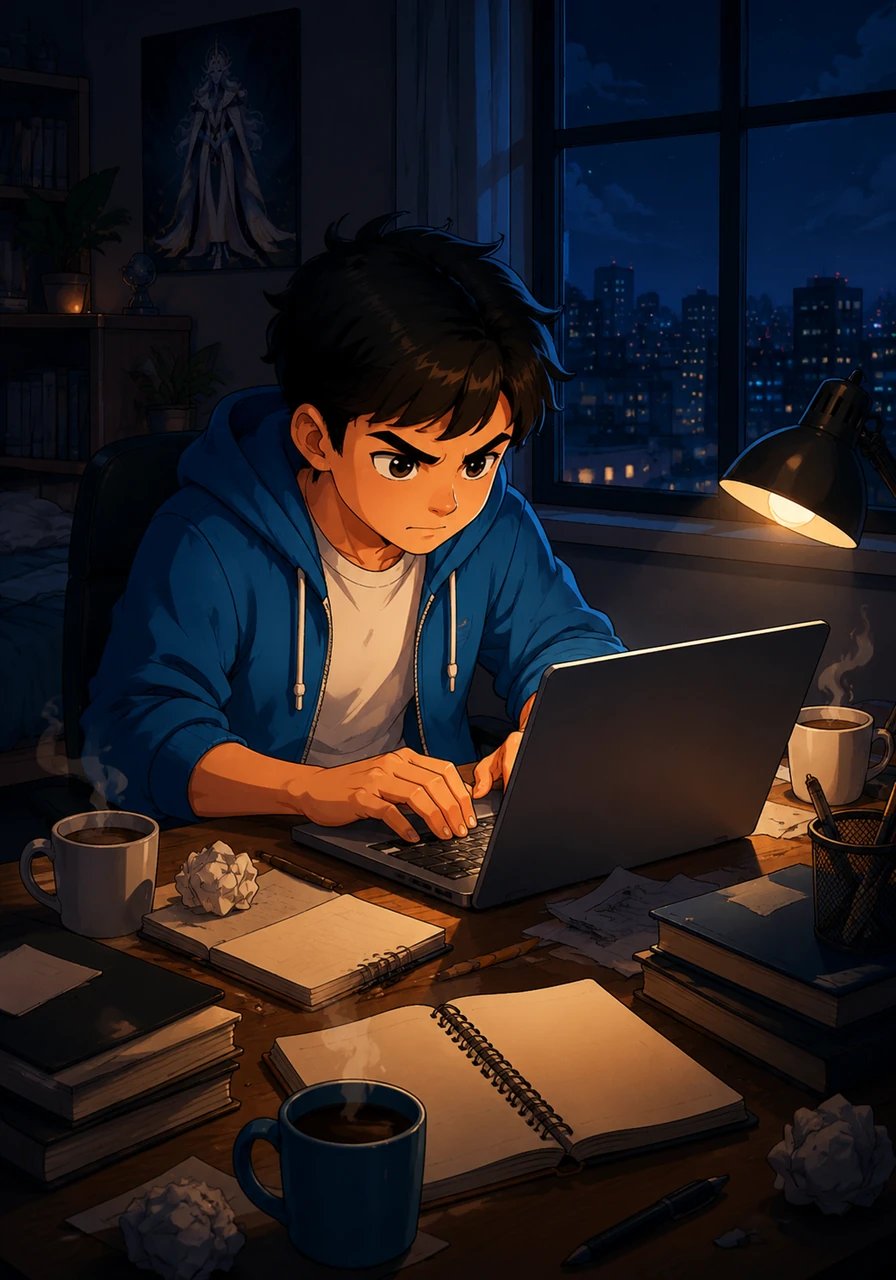 In the quiet sanctuary of his dimly lit bedroom, a young man named Ary types furiously on his laptop, surrounded by scattered notebooks and steaming mugs of coffee. Outside his window, the city sleeps, oblivious to the vibrant parallel universe Ary is breathing life into through his words.