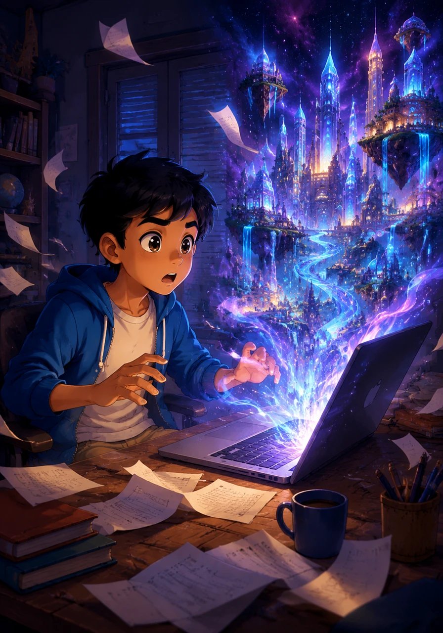 As Ary describes a breathtaking metropolis made of floating glass and glowing neon rivers, his computer screen begins to pulse with a strange, otherworldly light. A gentle breeze, smelling of ozone and stardust, rustles the papers on his desk, though his windows are tightly shut.