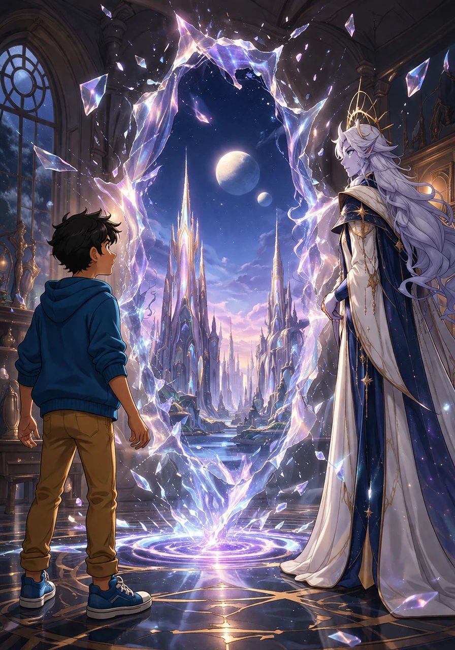 The air in the room fractures like glass, revealing a shimmering rift that hovers just above the floor. Through the glowing tear in reality, Ary catches a glimpse of the very alien skyline he had just written about, its iridescent towers stretching toward two pale moons.